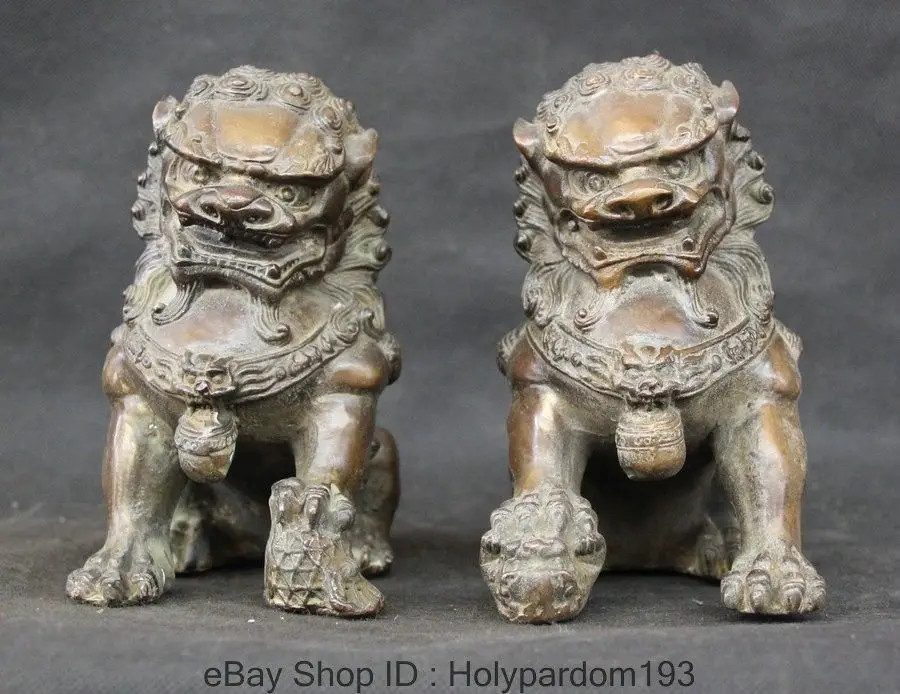 

7" Chinese Fengshui Bronze Door Fu Foo Dog Guardion Lion Ball Son Statue Pair