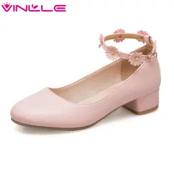 

VINLLE 2020 Women Shoes Ankle Strap Square Low Heel Woman Shoes Platform Western Style Ladies Wedding Pumps Size 34-43
