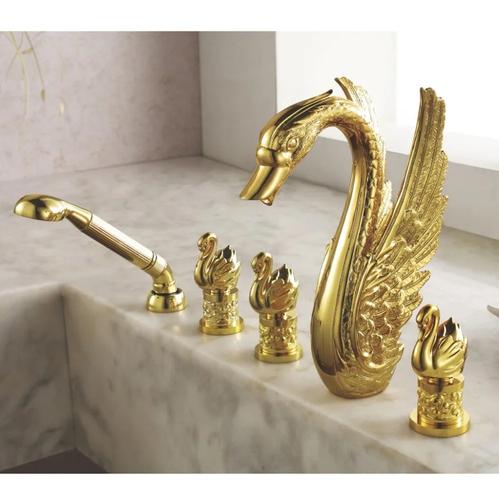 

Free ship widespread Big Swan tub Faucet mixer tap gold clour 5 pieces bathtub shower faucet deck mounted