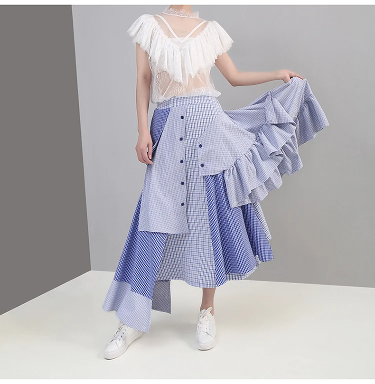 Korean Style Women Summer Asymmetrical Blue Striped Casual Skirt Ruffles Elastic Waist Ladies Stylish Skirt Robe Femme 5243