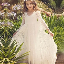 Koronkowe sukienki dla dziewczynek Ivory 2020 rękawy trzy czwarte linia długa Primera komunia kwiat dziewczyna sukienki na ślub vestido