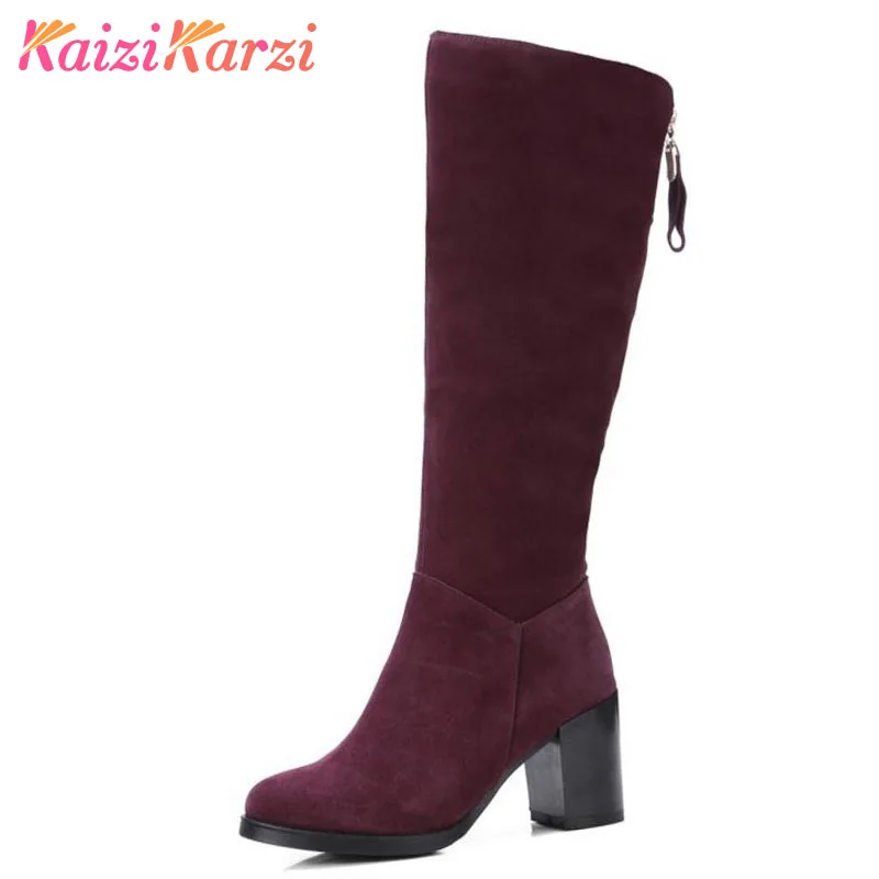 

KaiziKarzi Women Real Leather Thick High Heel Knee High Winter Boots For Women Warm Plush Inside Shoes Feminina Bota Size 34-39