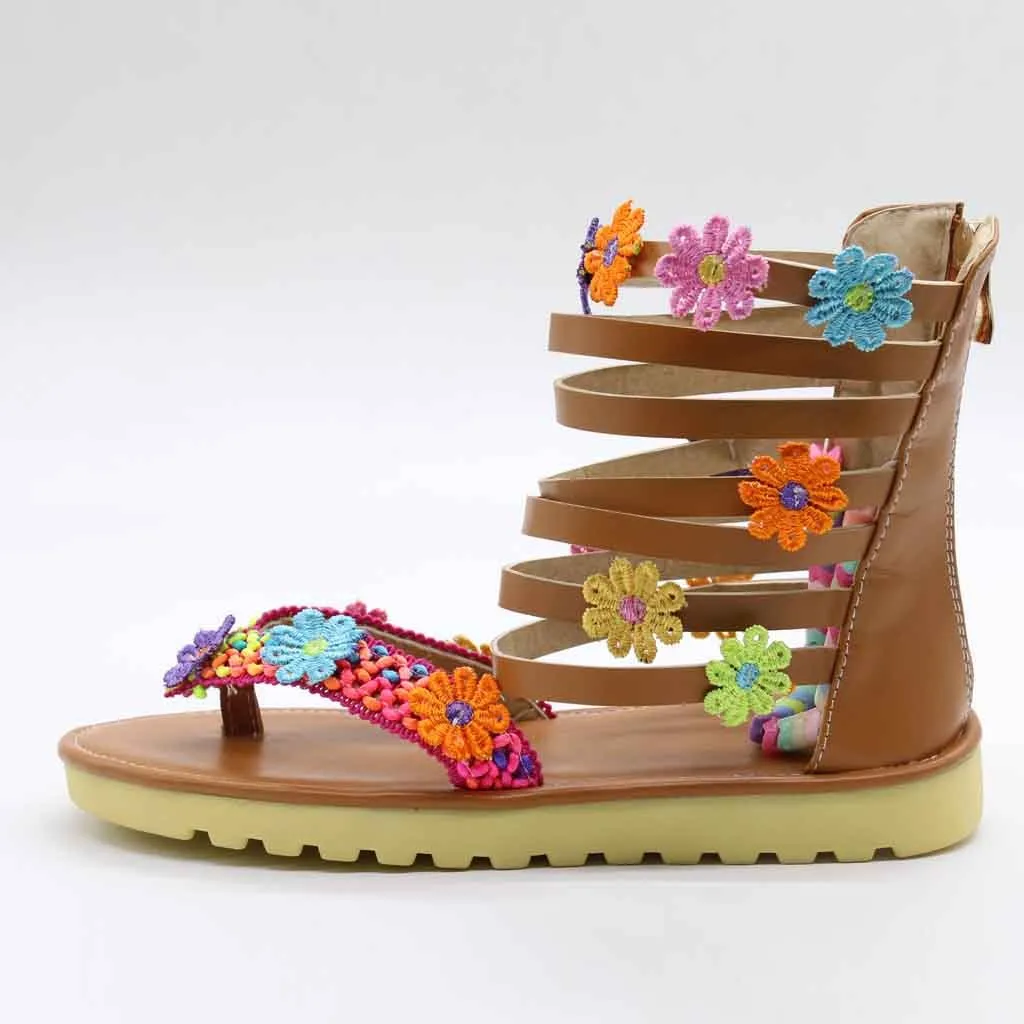 

Fashion Women Roman Handmade Flowers Sandals Zipper Round Toe Flat Retro Sandals Solid Color Comfortable Sandals Outside Mar 7