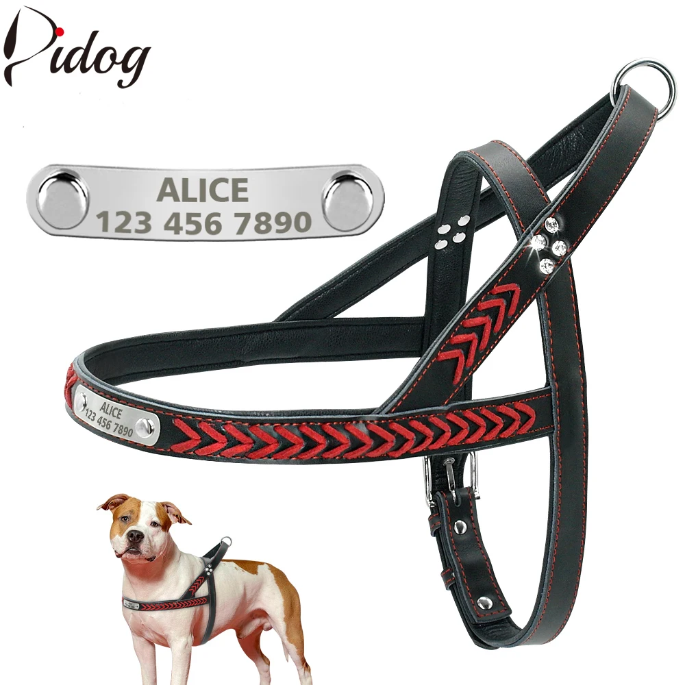 Customized Rhinestone Leather Dog Harness Personalized Engraved ID Dogs