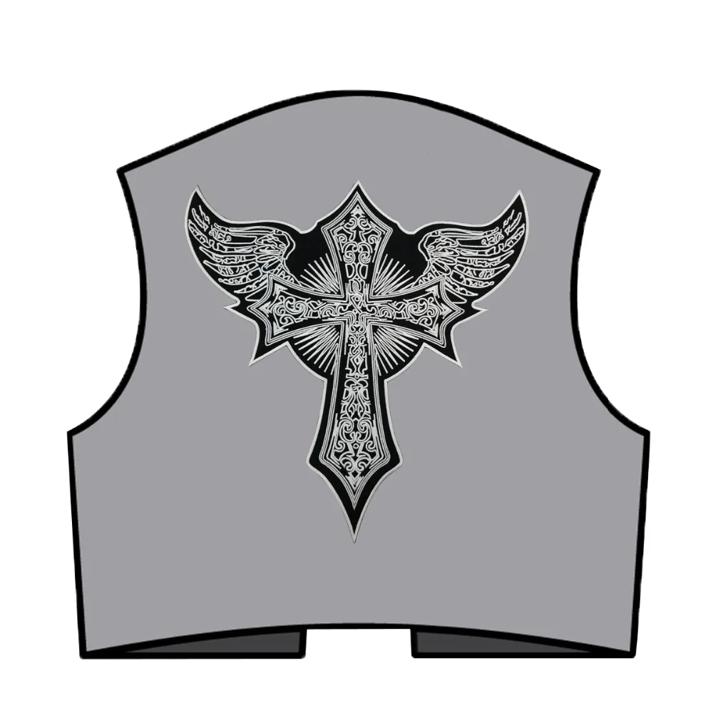 CROSS WITH WINGS Rider Motorcycle Embroidered Iron On Back of Jacket Patch Black twill fabric Free Shipping DIY Eco-Friendly(5)
