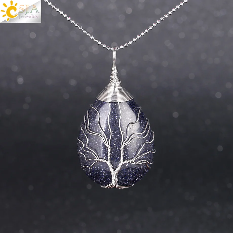 CSJA проволочная обернутая Древо жизни ожерелья подвески из натурального камня в форме капли воды хрустальные бусины для женщин ювелирные изделия ручной работы F352 - Окраска металла: Blue Sand