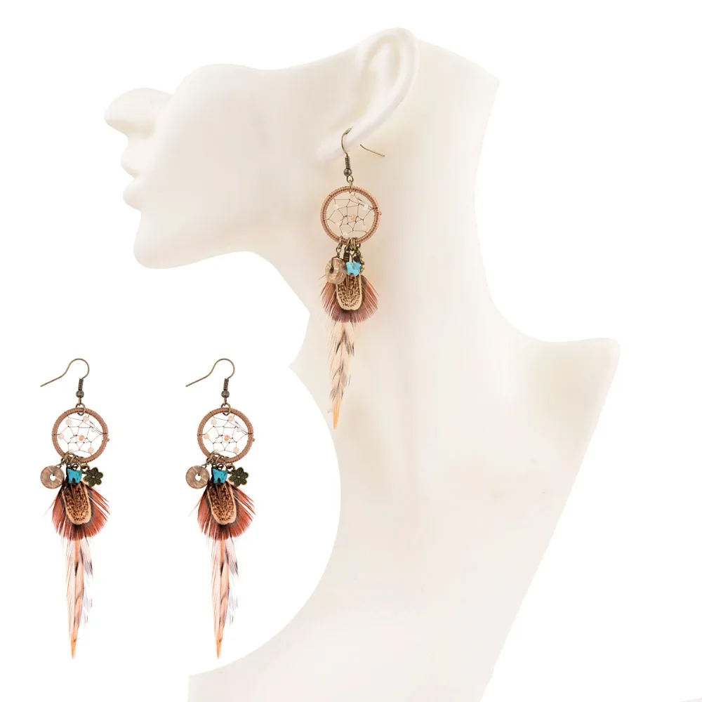 Ethnic Long Bohemia Feather Beaded Earrings For Women Dreamcatcher Round Wood Indian Gypsy Hippie Earrings Boucle D’oreille
