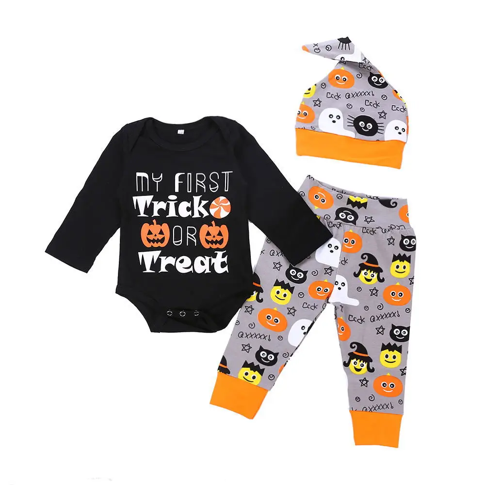 3PCS Baby Boys Girls My First Trick Or Treat Outfit Set Halloween Long Sleeve Romper with Hat