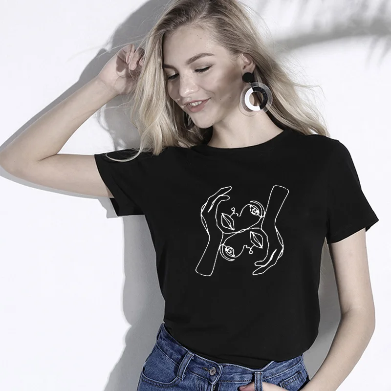 

100% Cotton T Shirt Women Short Sleeve Funny Graphic Mask and Hand Printed Summer Tops Streetwear Fashion Women Tshirt Hipster