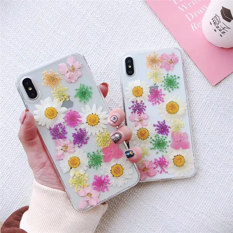 

Colorful Real Daisy Flowers Soft phone case for iphone XR Glossy Floral Cute Cover Cases For iphone XS Max X 6 6S 7 8 Plus
