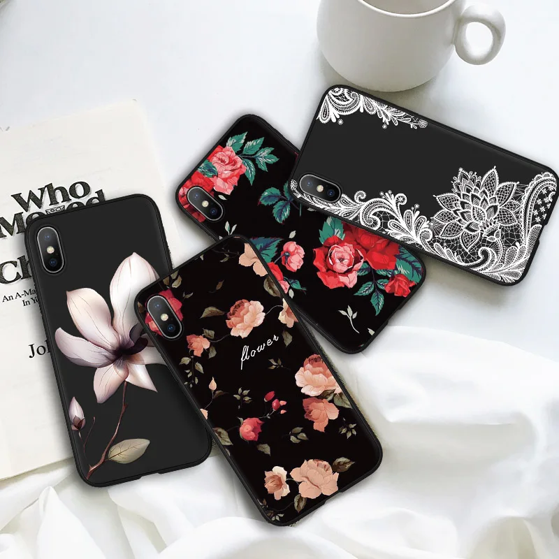 Мягкий Черный силиконовый чехол с цветочным рисунком для iPhone 5 5S SE X 10 Phone for 6S 6 7 8 Plus