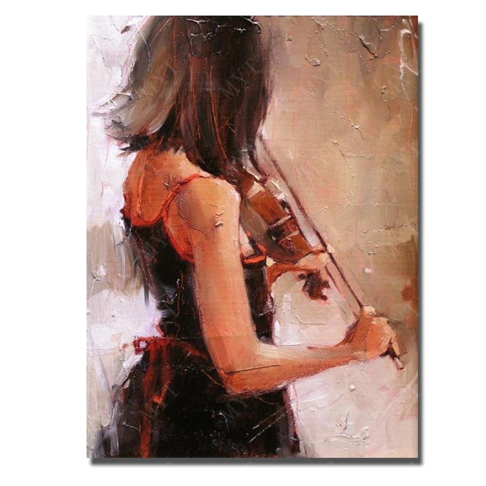 

Hand made portrait wall painting art sexy black dressing girl play violin pictures canvs musiical instruments painting