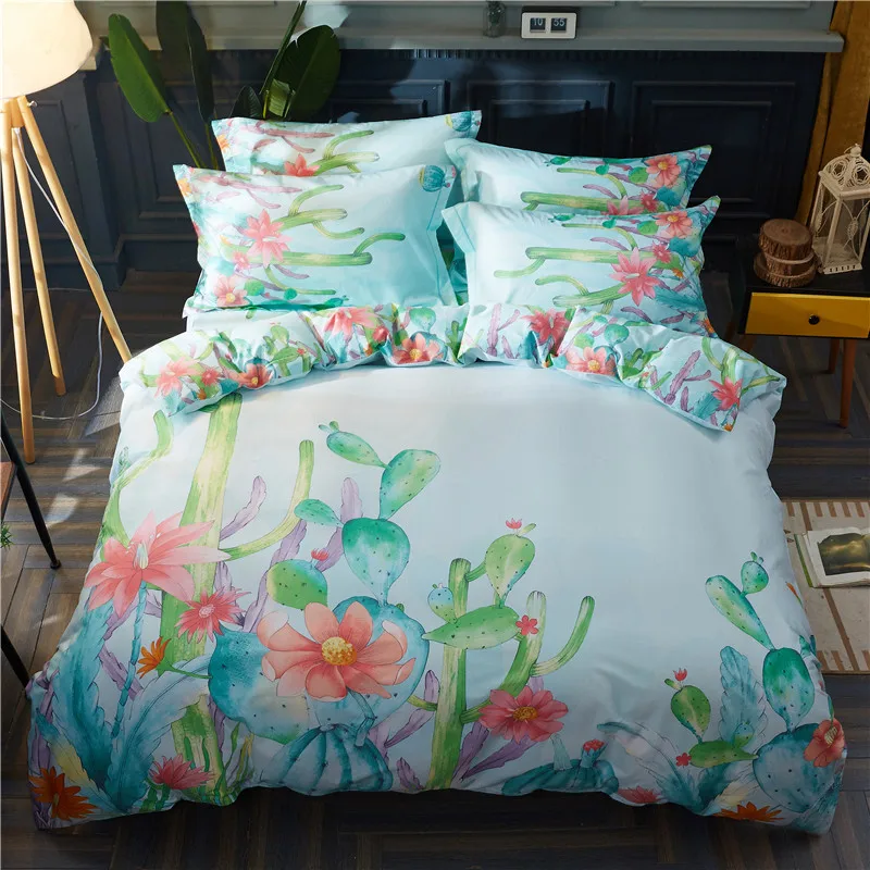 

Cotton Printed Bedding Sets Queen King Size Duvet Cover Bed Sheet with Pillowcase Flower Leaf Lotus Cactus adult/kid bedclothes
