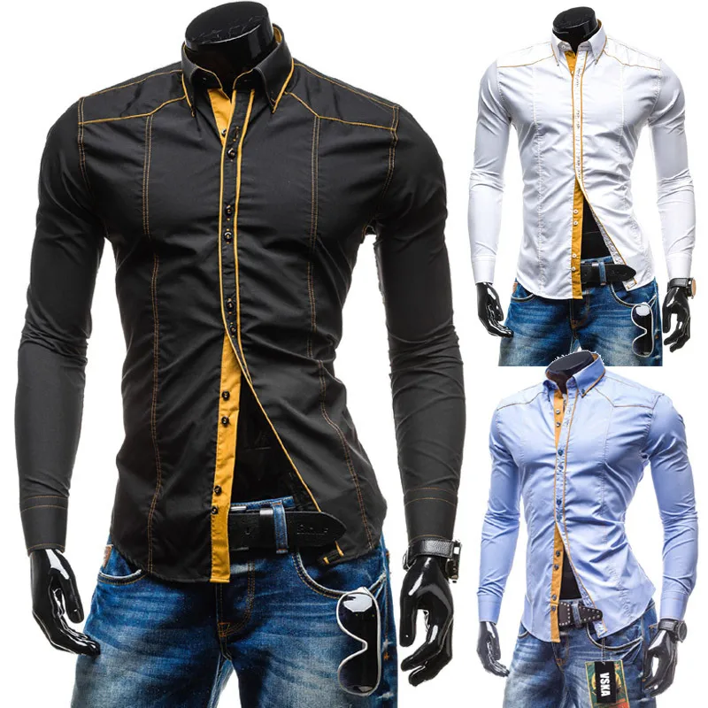 

2015 New Brand Topstitching Decor Fashion Mens Dress Shirts Long sleeve Slim Fit Casual Social Camisas Masculinas M-XXL