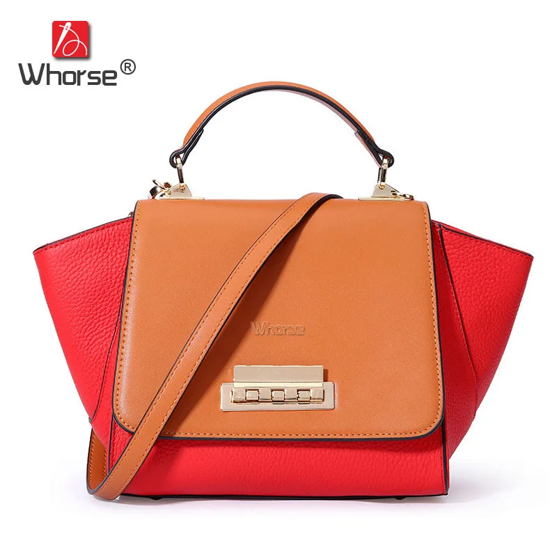 

Brand Fashion Style Trapeze Bag Genuine Leather Women Handbag Crossbody Shoulder Messenger Bags Two-tone Patchwork Lady W09610