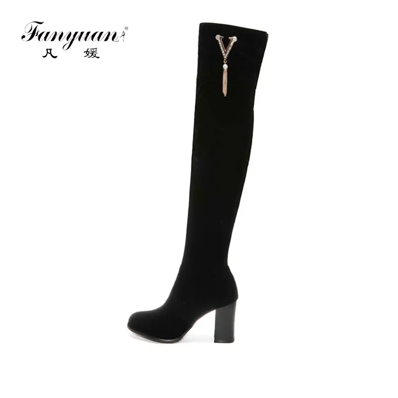 fanyuan Black Pointed Toe Women Thigh High Long Boots Back Lace Up Brand Designer Over The Knee Ladies Thick Heels | Обувь