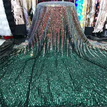 

2019 Wholesale luxury quality African lace fabric with sequins 5 yards green France sequins lace fabric for party dress material