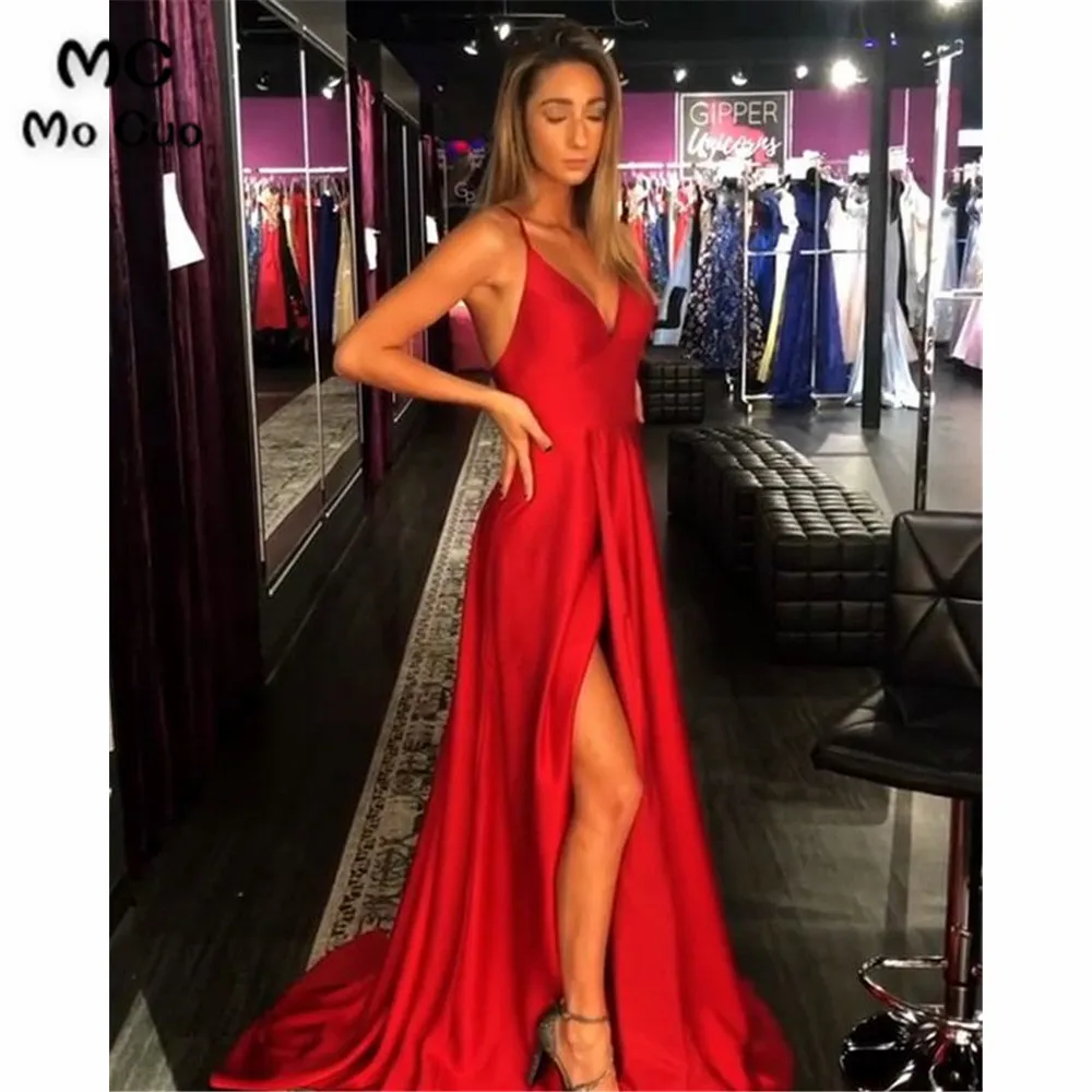 

Wholesale Price Red Evening Dresses Long Prom Gown Deep V-Neck Front Slit Spaghetti Straps Formal Evening Party Dress for Women