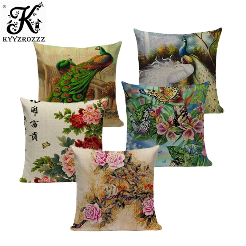 

Chinese Classical Peacock Flower Decorative Cushion Covers Linen Colorful Peacock Throw Pillow Case for Sofa Car Seat Textile