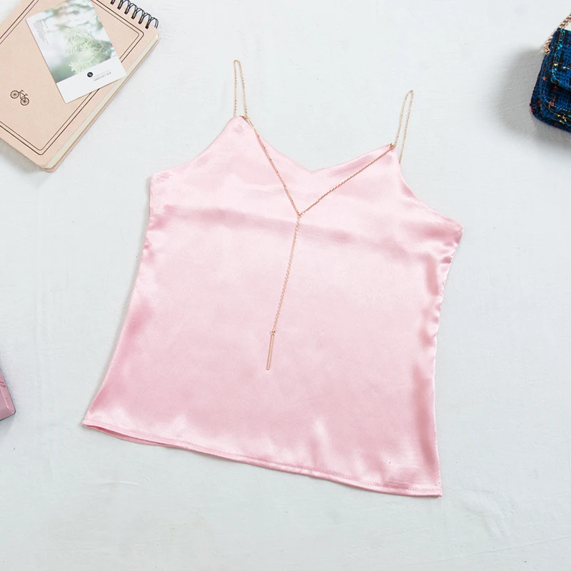 

Women Strap Tank Top Silk Satin Camis Summer Autumn Sexy V Neck Metal Chains Slim Vest Tops Lady Sleeveless Short Shirts SF1918