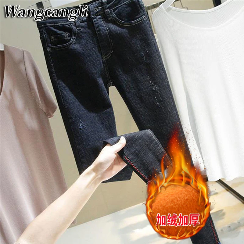 

Fashion Cashmere Winter Warm Jeans Women With High Waist Black and Blue Jeans For Girls Stretching Skinny jeans Large Size 1149#