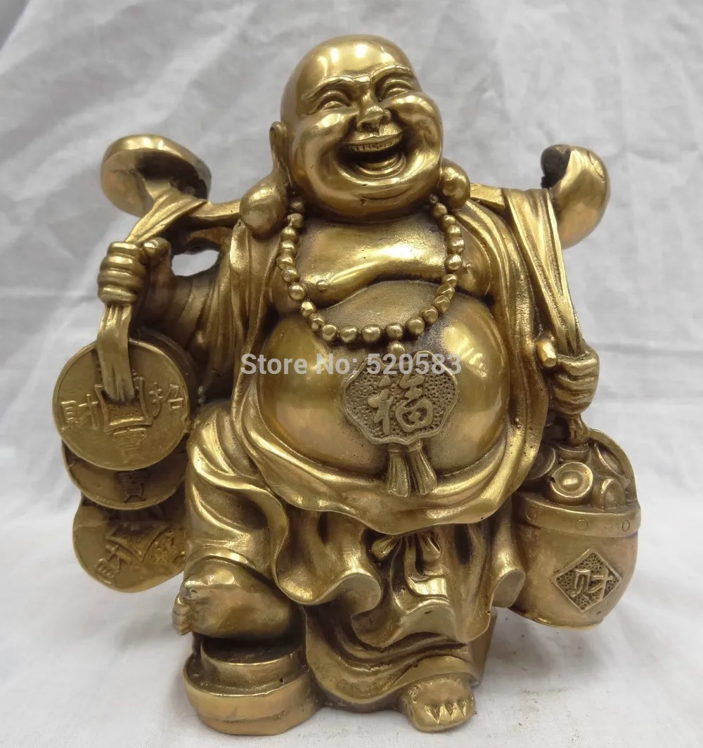 

China Brass Dragon Wealth RuYi Fu Coin Happy Laugh Maitreya Buddha Heads Statue