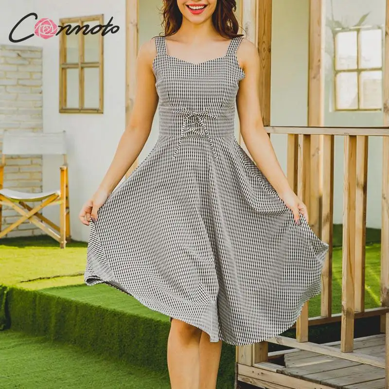 

Conmoto Fashion Black Plaid Women Mid Dress Summer Holiday Casual Vintage High Waist A-Line Cross Strap Sundress Elagant Vestido