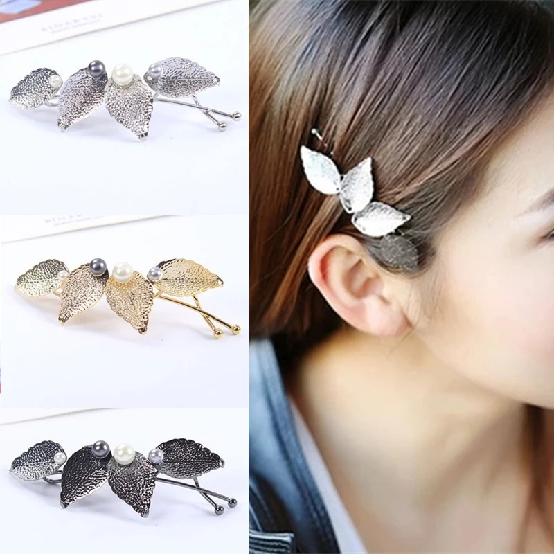 

Fashion 1Pc Girl New Imitation Pearl Leaf Twist Hair Clip Barrettes Hairpin Black/Silvery/Golden