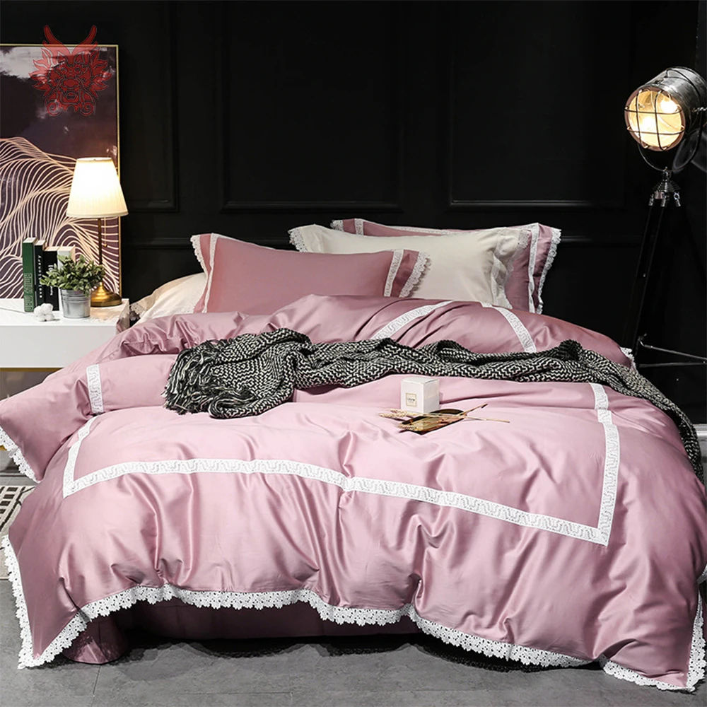

Luxury 100S Cotton tribute silk bedding set Palace style white lace decor pink grey purple duvet cover set jogo de cama SP5544