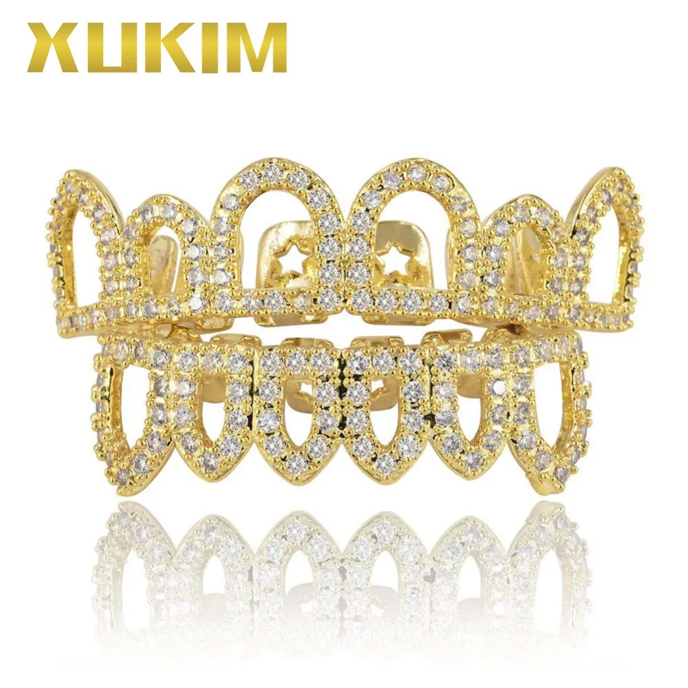 

Xukim Jewelry Bing Bing Gold Halloween Top & Bottom Teeth Grillz Hollow AAA Cubic Zirconia Hip Hop Iced Out Rapper Jewelry Gift
