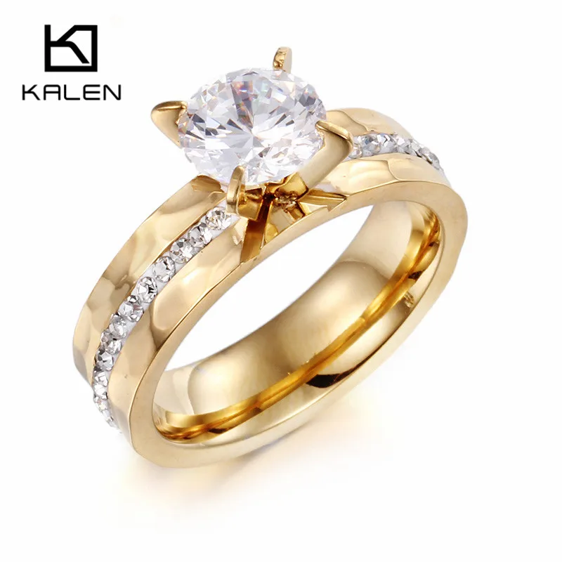 Kalen, новинка, золотые кольца для пар, для женщин, нержавеющая сталь и стразы, обручальное, обручальное кольцо, модные дешевые аксессуары для влюбленных