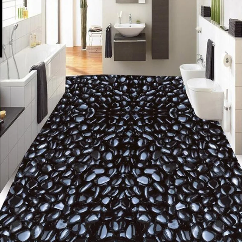Custom Boden Tapete Moderne Design 3D Schwarz Kopfstein Bad Boden Wandbild 3D PVC Selbst