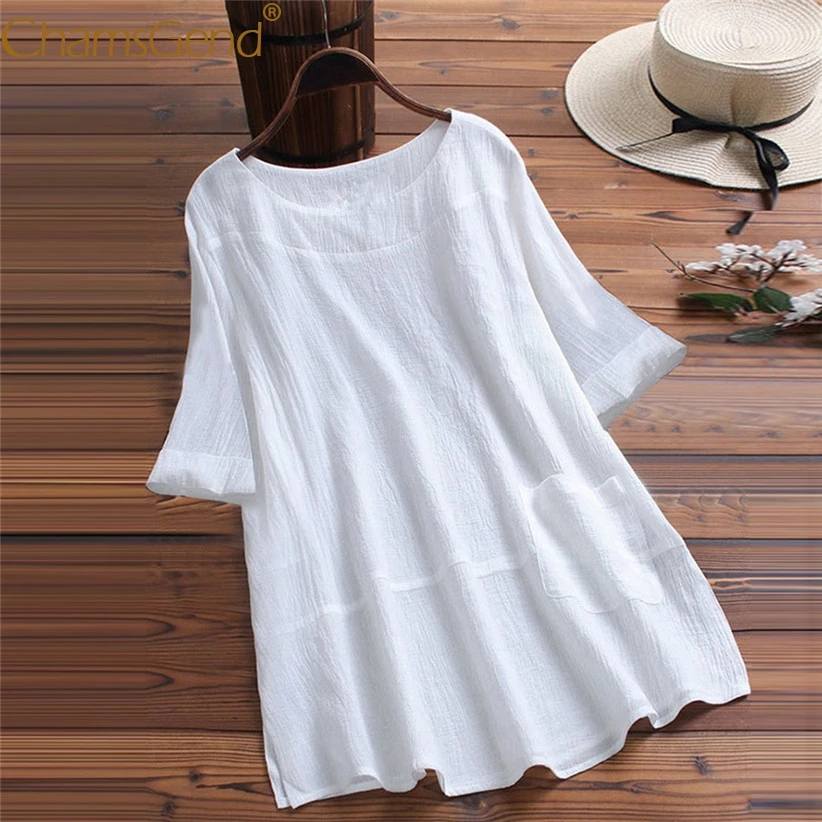 

Lady Casual O Neck Solid White Blouse Plus Size Loose Shirt Women Comfortable Linen Shirts M/XL/2XL/3XL/4XL/5XL 90417