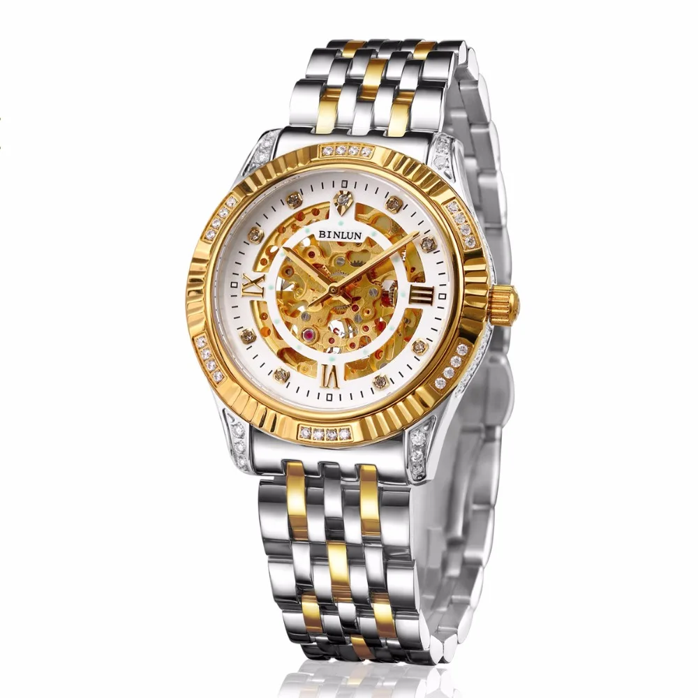 BINLUN 18K Gold Luxury Automatic Watch Skeleton Movement Watch Men's Sapphire Crystal Diamond Automatic Business Men's Watches