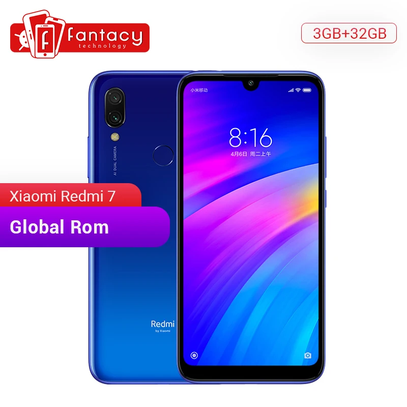 Дешево Xiaomi Redmi 7 с глобальной ПЗУ, 3 Гб ОЗУ, 32 Гб ПЗУ, Восьмиядерный процессор Snapdragon 632, двойная камера 12 Мп, 6,26 дюйма, HD мобильный телефон, 4000 мАч, больша...