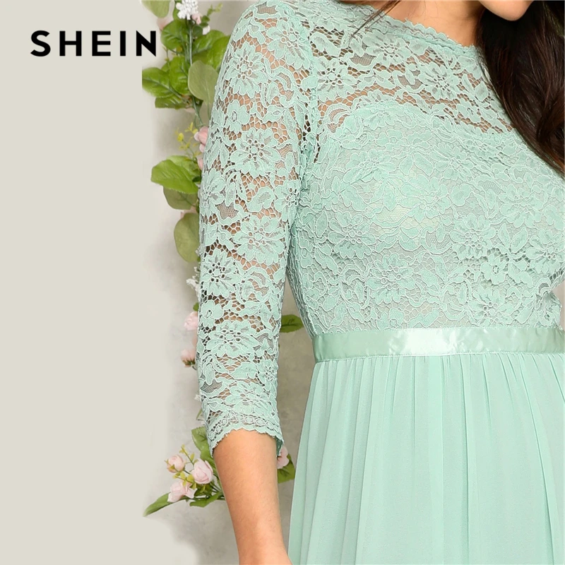 SHEIN Кружевное Расклешенное Платье С Высоким Вырезом Элегантное Летнее Вечернее Платье Для Женщин