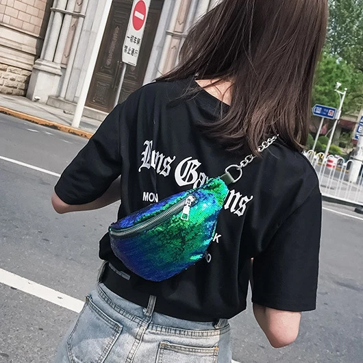 Fashion Reversible Sequin Glitter Waist Fanny Pack Belt Bum Bag Pouch