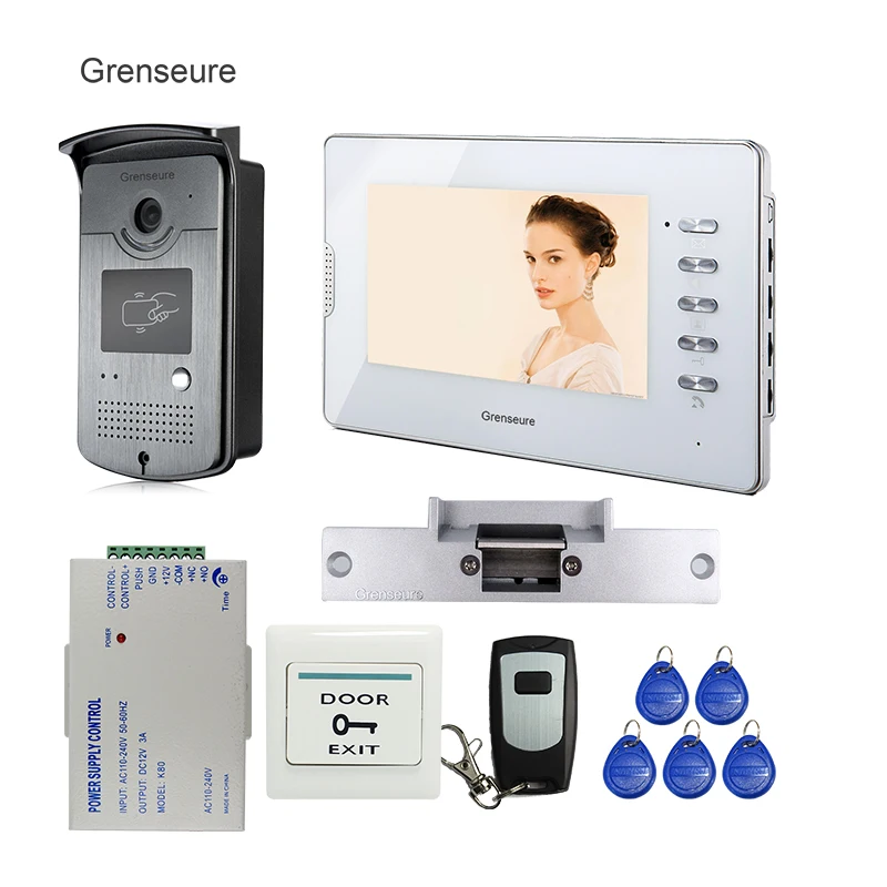 

FREE SHIPPING NEW 7" Color Video Intercom Door Phone System 1 White Monitor 1 RFID Access Control Camera Strike Lock Wholesale