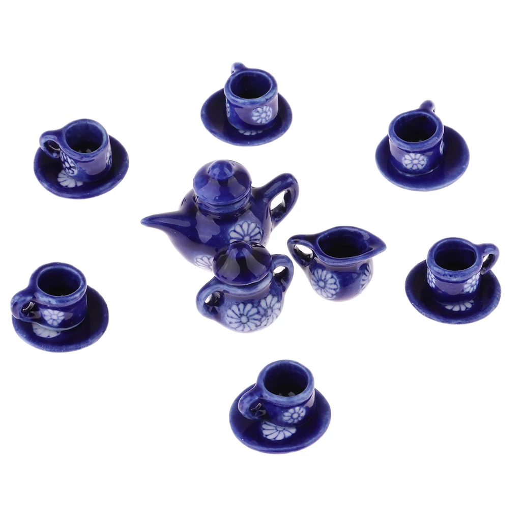15 Pcs Doll House  Coffe Tea Set Miniature Dining Ware Porcelain Tea Set Dish Cup Plate Dolls Tableware Accesssories