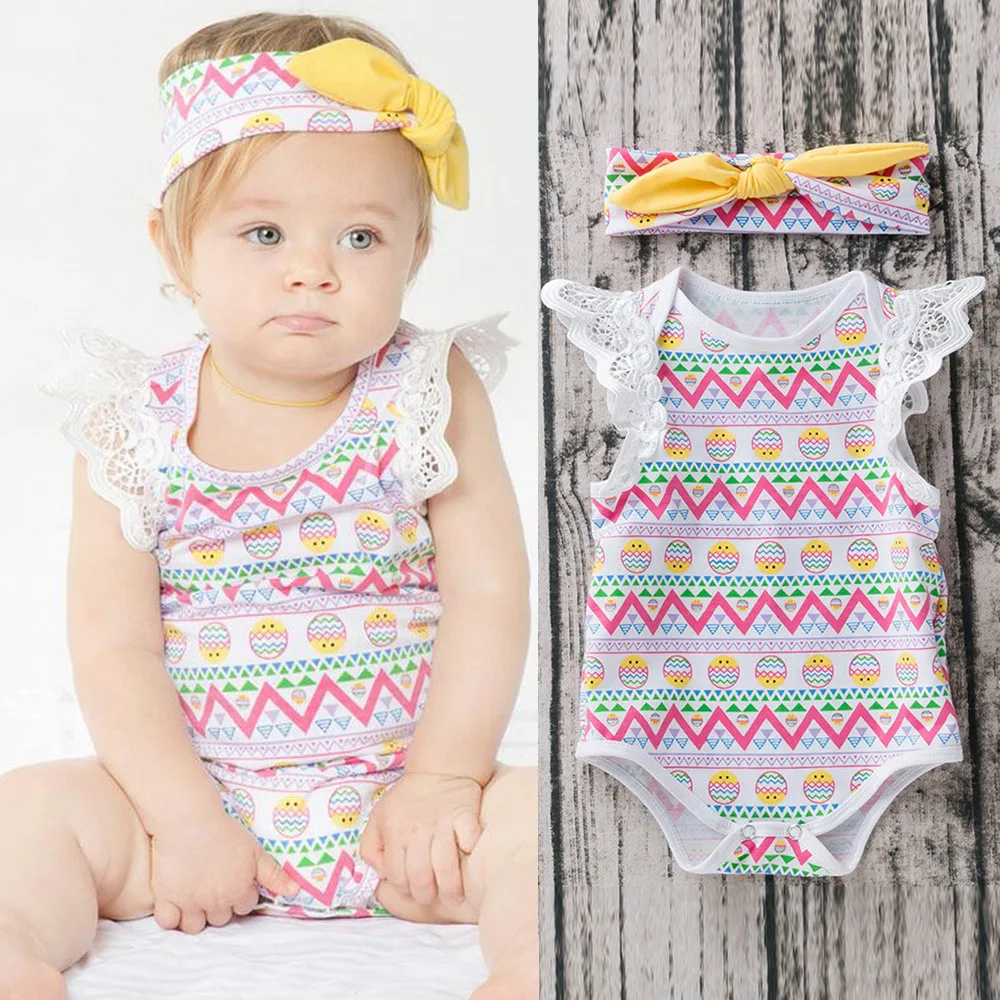 MUQGEW Easter Day Baby Girl Summer Bodysuits Newborn Infant Baby Boy Girls Easter Eggs Print  Bodysuits+Headband Outfits Clothes