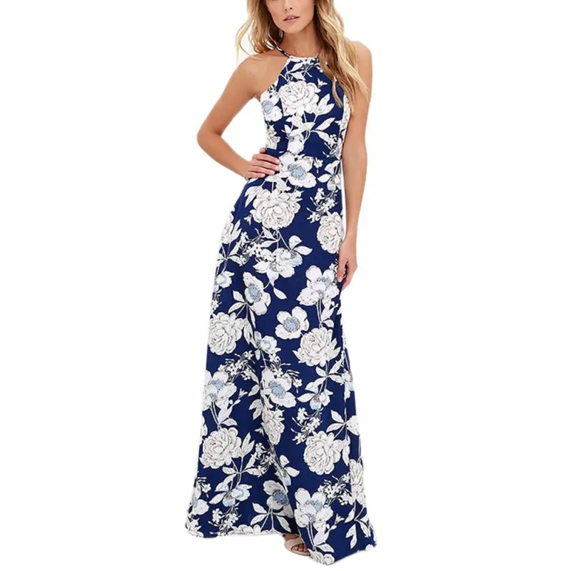 Buy Cheap Womens Summer Maxi Dresses New Arrival Ladies Dress Sleeveless Blue Halter Neck Floral Print Vintage Dress