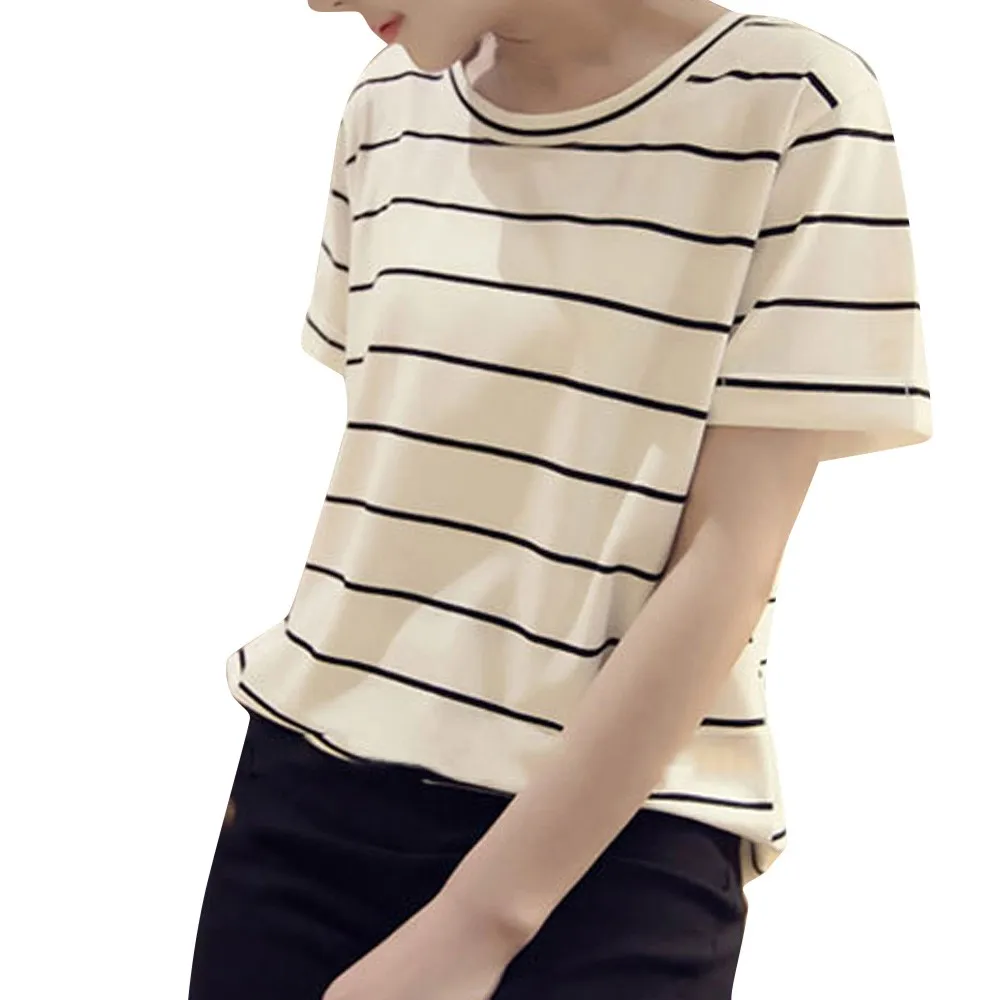 

Fashion Womens Short Sleeve Vest Stripe Print Top Women Casual Loose Tops Tee Shirt Femme Patchwork Modis Korean Style TShirt