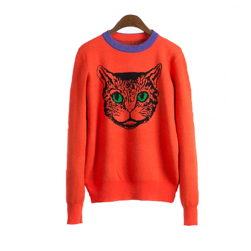 

2018 Autumn Winter Women Fashion Sweater Onange Long Small Size Cartoon Cat Head Jacquard Pullovers Knitted Brand Sweater