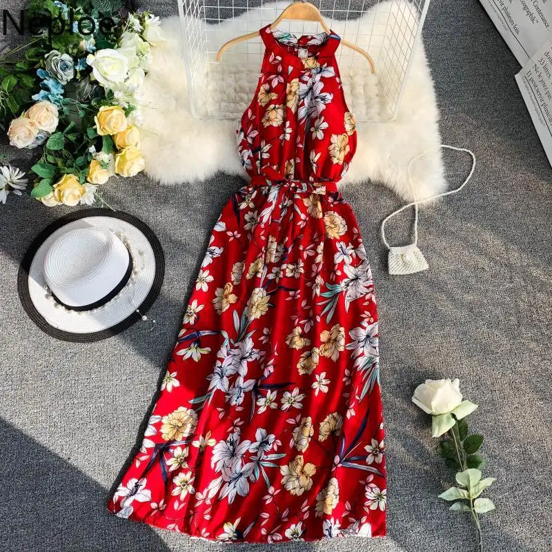 Neploe печати Холтер женское платье Лето 2019 новый топ без рукавов Vestidos Drawstring тонкая