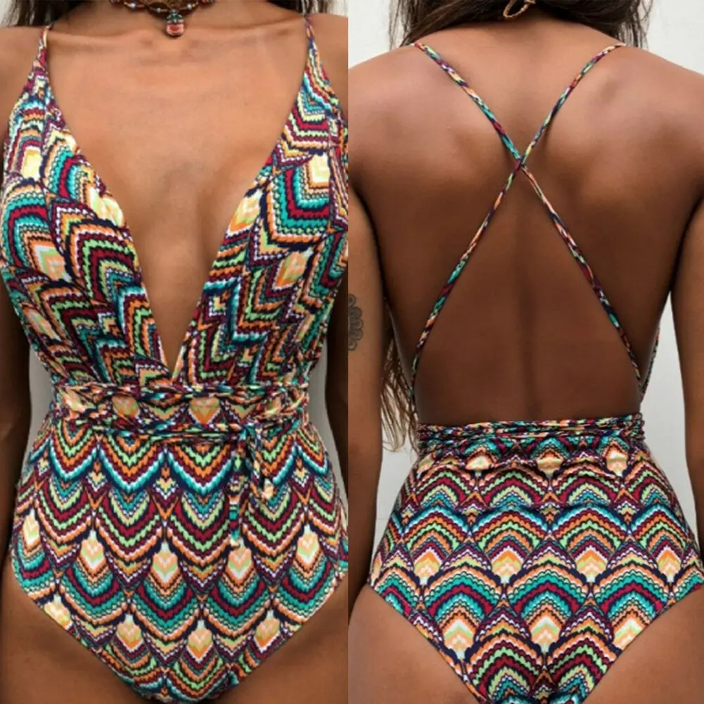 

Hirigin Sexy Women's Swimsuit Bling One Piece Pattern Bathing Monokini Push Up Bikini Swimsuit Swimwear