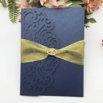 

50Pcs/Lot Luxury Pearl Paper Wedding Invitations Card With Ribbon Laser Cut Exquisite Lace Design Birthday Party Invite Card