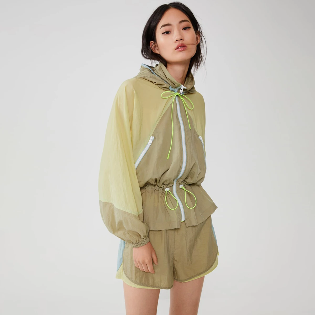 

Jastie Loose Nylon Jacket Adjust Drawstring hoodie Women Jacket Top Long Sleeve Autumn Jacket Cardigan Top chaquetas mujer 2019