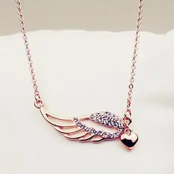 

Korean jewelry Rhinestone hollow angel wings love heart necklace