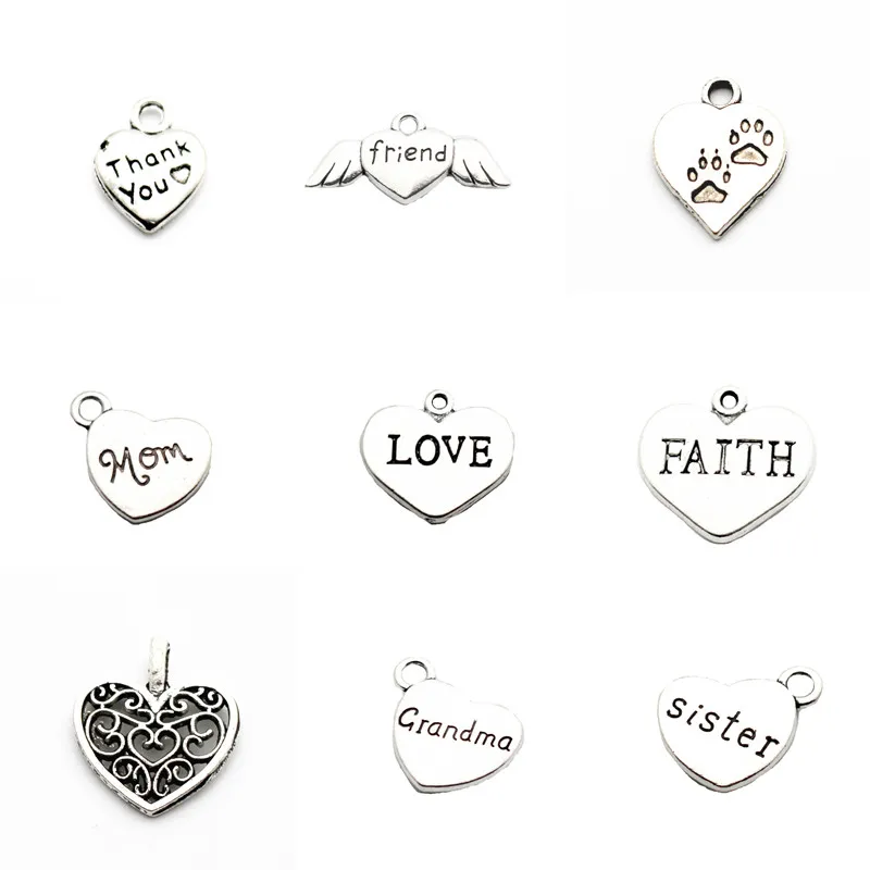 

Hot selling 12pcs/lot Silver Alloy heart Love friend mom Dangle Charms Lobster Clasp Hanging Charm fit Bracelet&Pendant Necklace