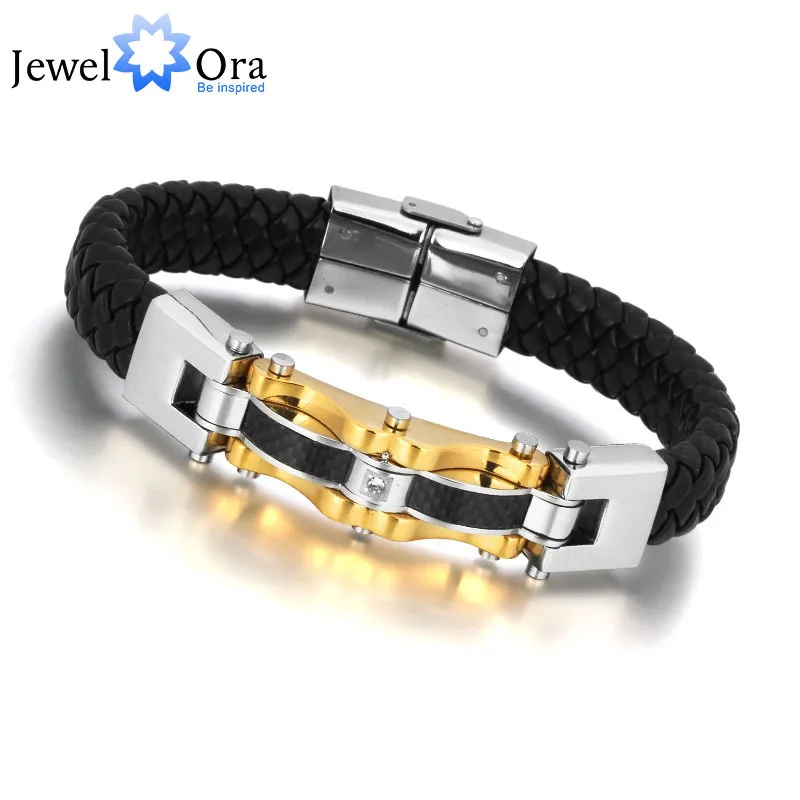 

Luxury Brand Jewelry Golden Men Bracelet 316L Wrap Stainless Steel Charm Leather Bracelet Gifts for Father (JewelOra BA100810)